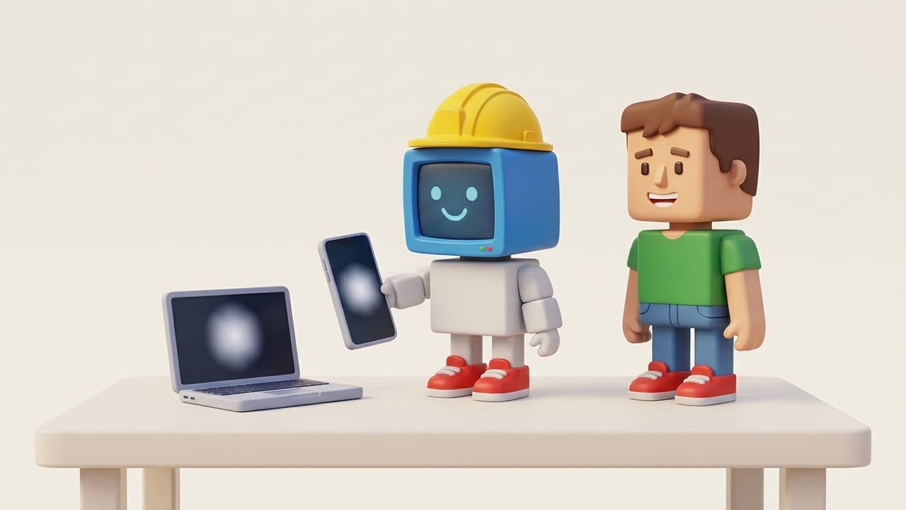 Un robot con un móvil y un portátil junto a un hombre sonriente