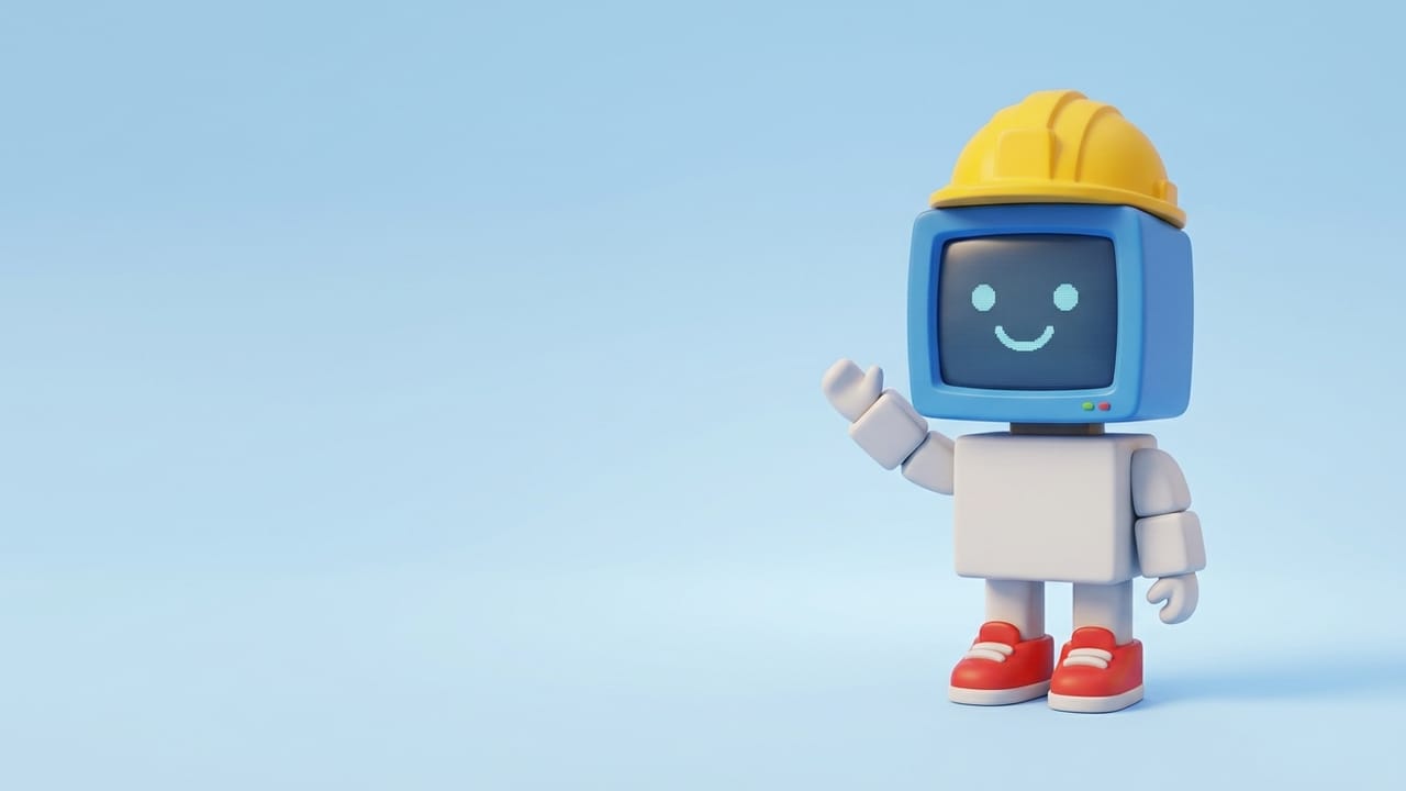 Clic, un pequeño robot con casco amarillo y cabeza de monitor azul, saluda con la mano