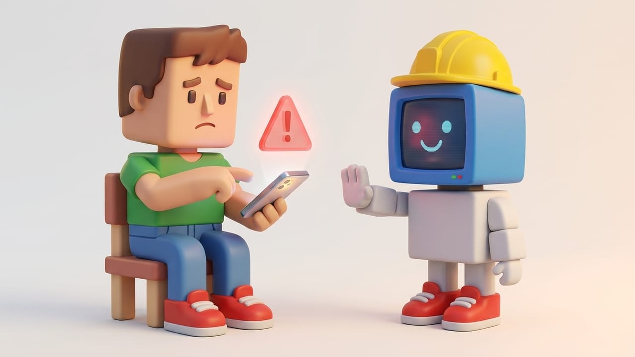Un robot levanta la mano para avisar a un hombre que mira un móvil con un triángulo de aviso